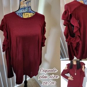 NWT 28/30 CAPSULE COLD SHOULDER RUFFLE SPARKLY SWEATER BURGUNDY